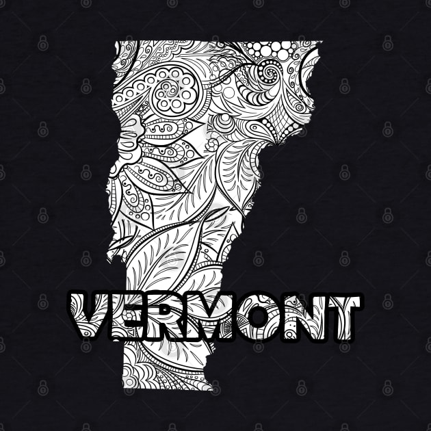 Mandala art map of Vermont with text in white by Happy Citizen